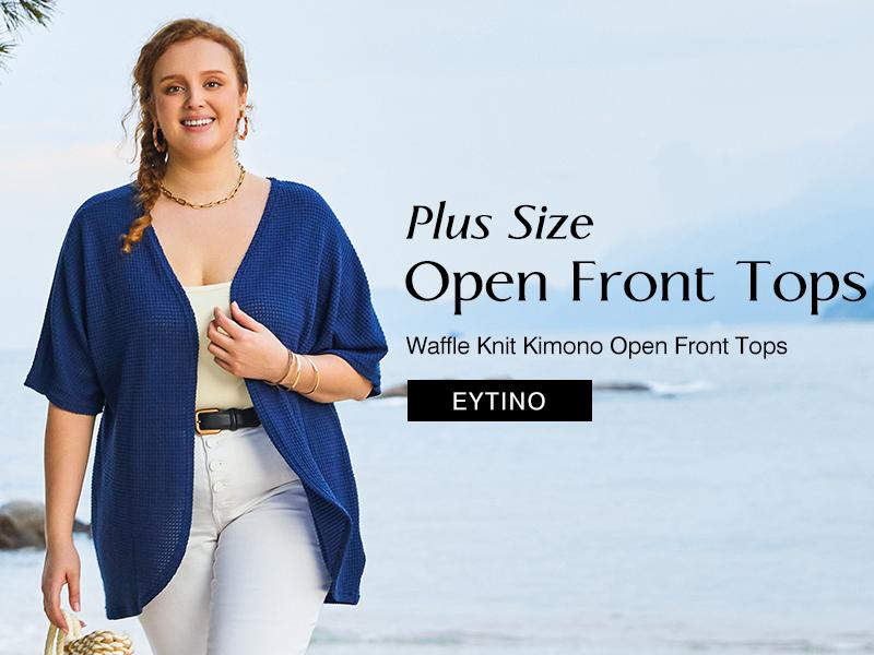 Eytino Womens Plus Size Cardigan Casual Short Sleeve Waffle Knit Kimono Open Front Tops(1X-5X)