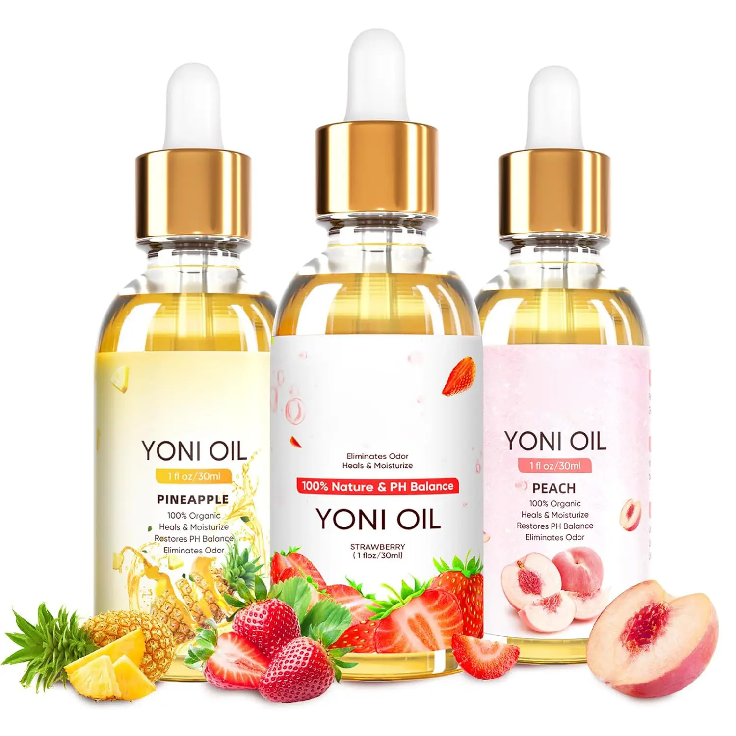 3 Pack Yoni Oil Feminine Oil for Women pH Balance - Feminine Deodorant with Pineapple Peach Strawberry Essential Oil, 1 fl oz/pc