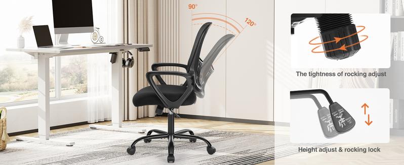 Sweet Furniture F Office Chair, Mid Back Computer Ergonomic Mesh Desk with Larger Seat, Executive Height Adjustable Swivel Task with Lumbar Support and Armrests for Women Adults