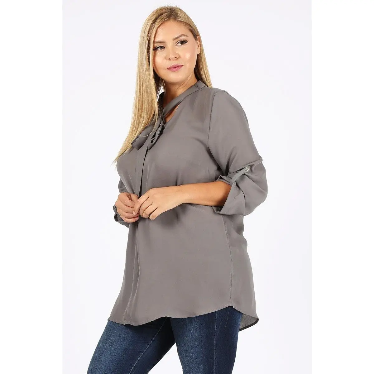 Elegant Plus Size Wool Dobby Blouse – Women's Roll-Tab Sleeve Tunic Style