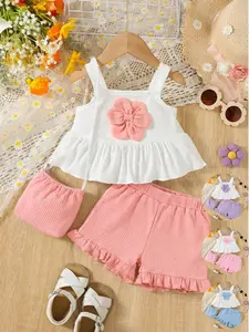 Ready Stock 6m-3y Toddler Girls Sweet 3-Piece Outfit White Ruffle Camisole with Pink Flower + Shorts + Headband Summer Clothing Set 22502072