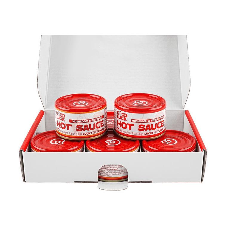 Good Luck Hot Sauce - Mushroom & Fresh Pepper Flavor | 6 Cans Box | 2.8 oz Each | Vegan Chili Dip | Mild Heat | Perfect for Tacos & Hummus Dips | Premium Ingredients | Mixed Flavors