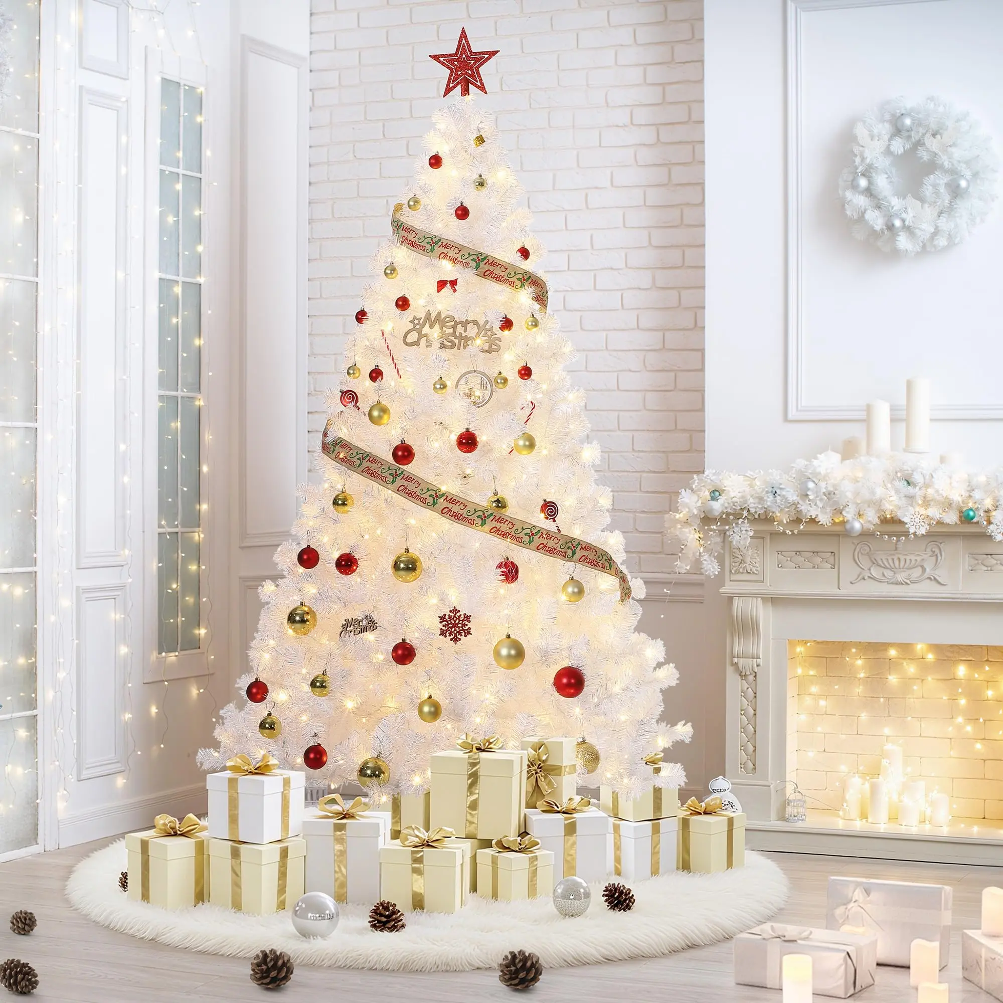 7.5ft Pre-Lit White Christmas Tree - Artificial Xmas Pine Tree, Holiday Party Decoration for Home Office, Warm White LED Lights, Foldable Base, Easy Assembly