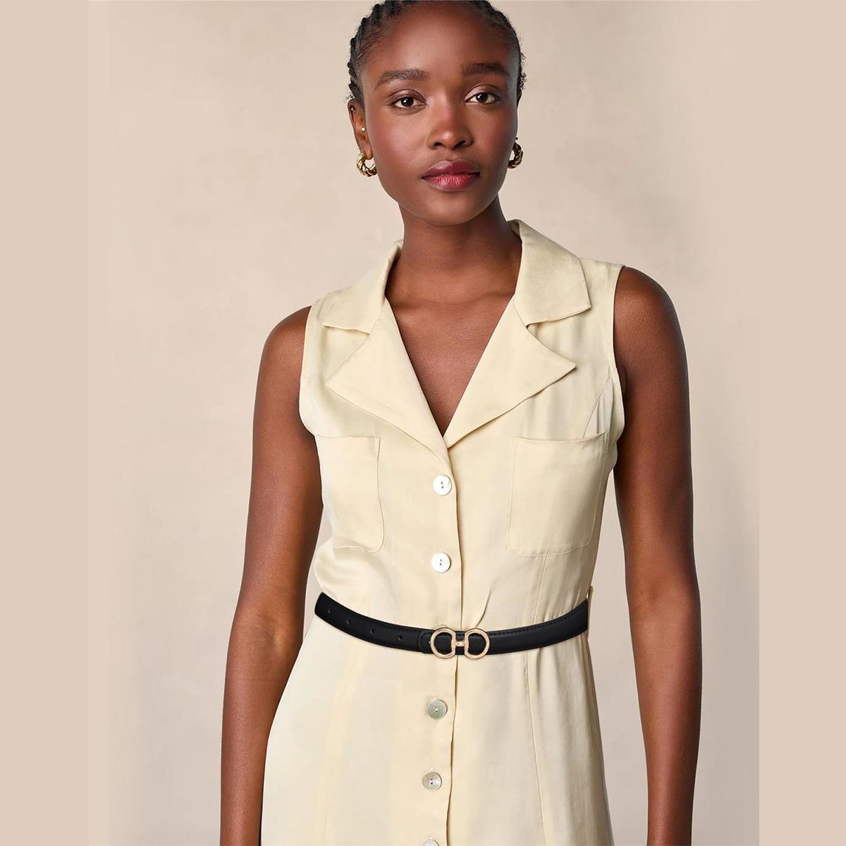 Women Reversible Double Sided Thin Belt Fashion Elegant PU Leather Tight Waist Belt with Gold Buckle Vintage Two-in-One Jeans Dress Long Coats Belts Female Accessories