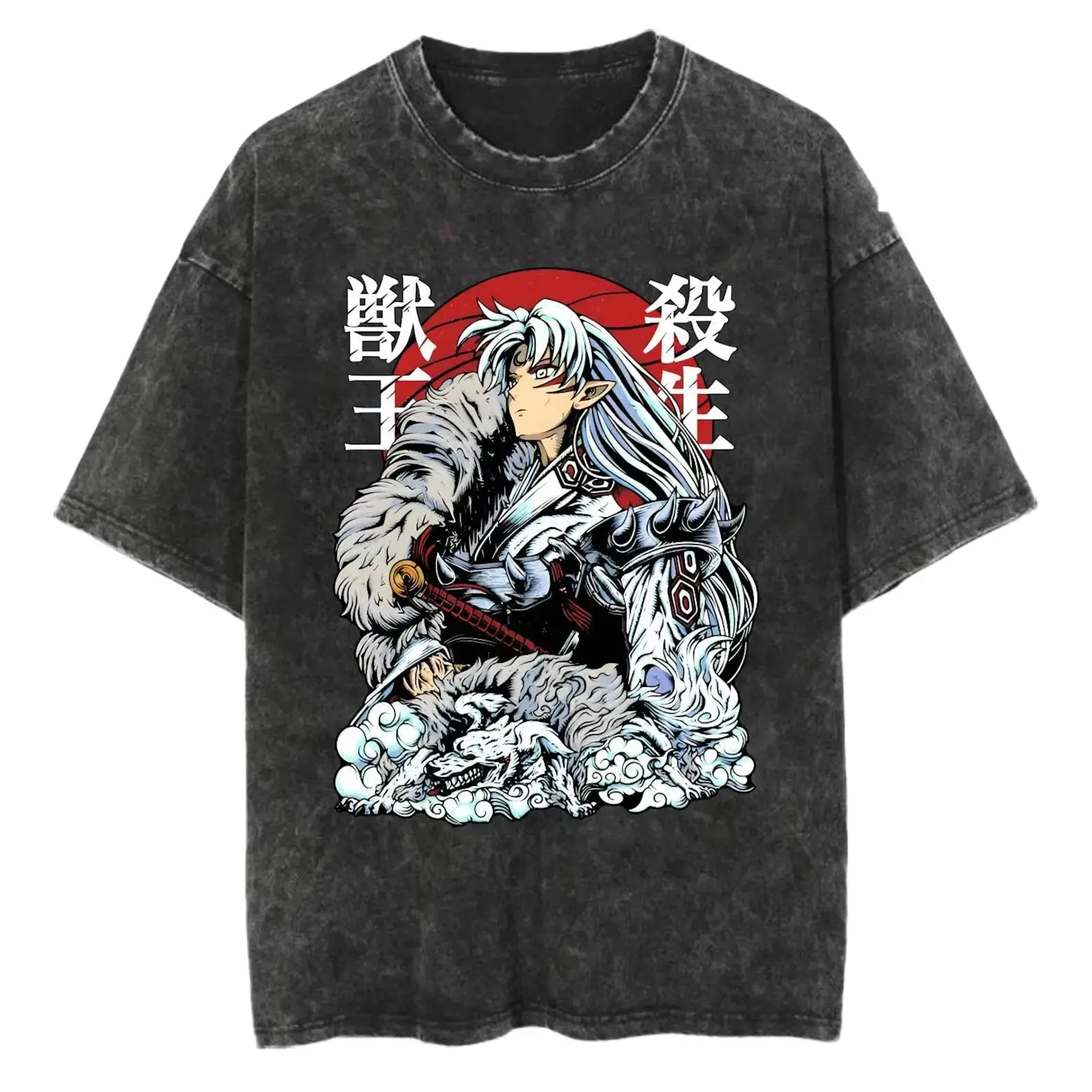Sesshomaru Graphic T-Shirt, Unisex Retro Anime Tee in a Vintage Wash Cotton, Oversized Gothic Streetwear Top with Round Neck, Short, Shortsleeve, Casual, Loose, Menswear, Crew Neck, Anime Style, Japanese, Clothes, Machine Washable