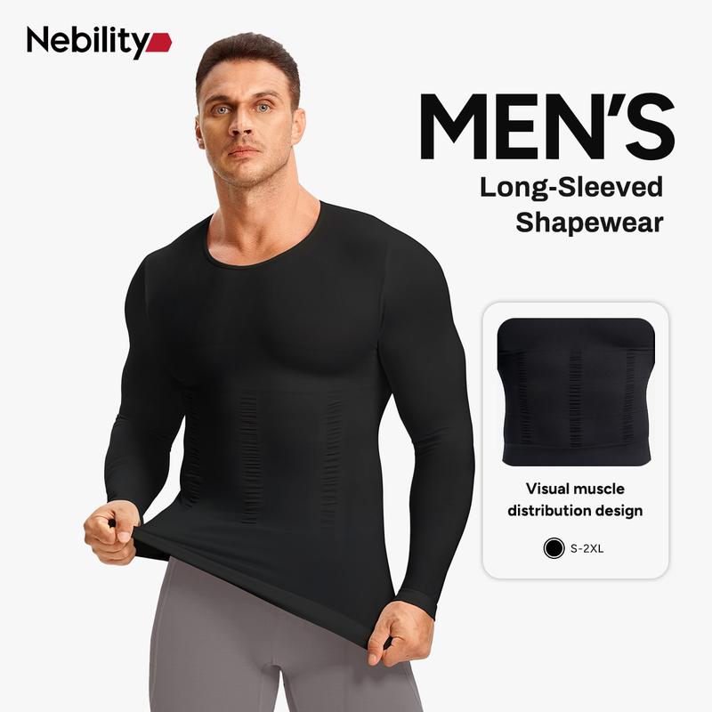 【Nebility】Fall Men's Long Sleeves Compression Shirt Structural Abdominal Belly Shapewear Thermal Underwear Shirt