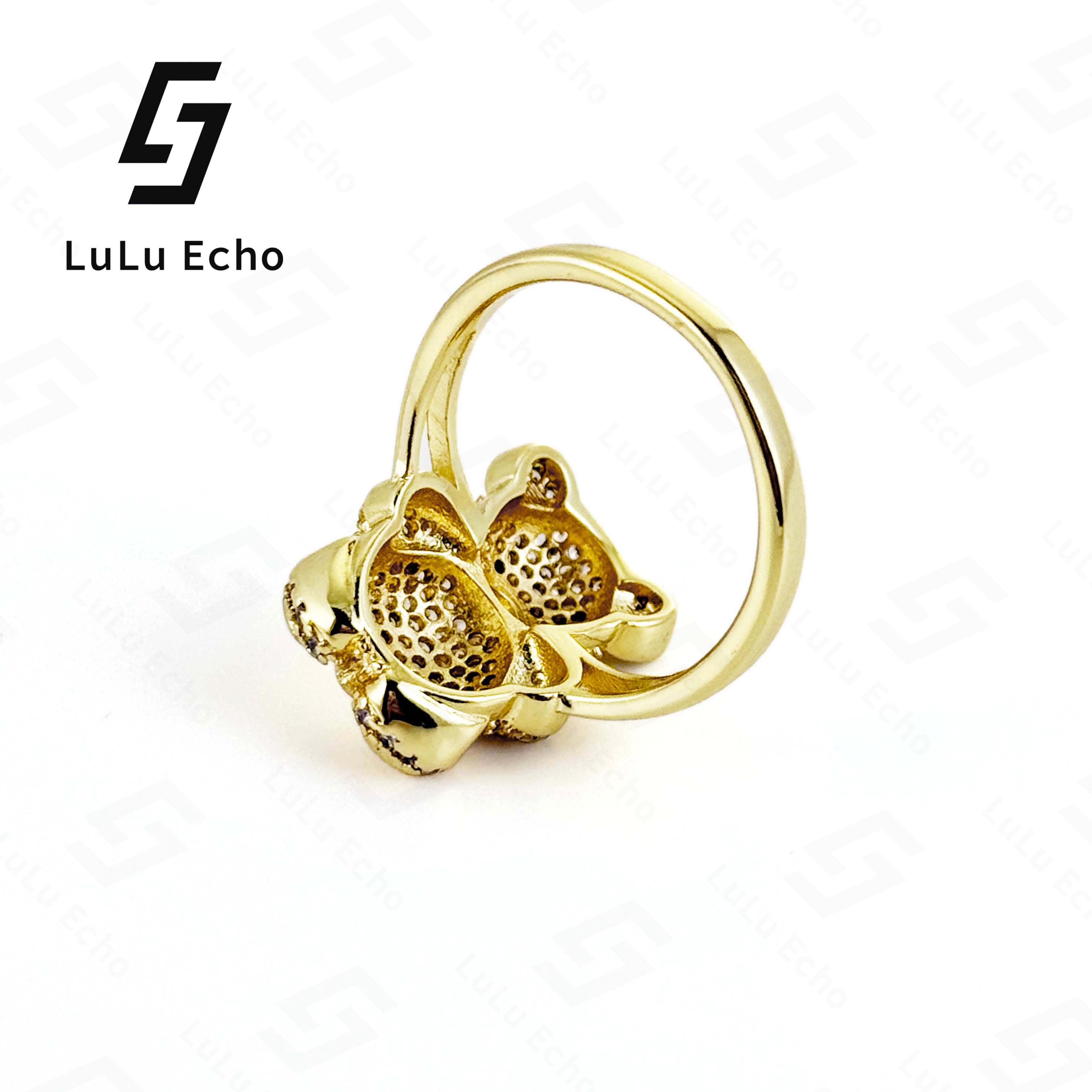 LuLuEcho XP Laminated 14KGold Plated Cluster Iced Out Rings Adorable Bear Design with Sparkling Details Versatile for Any Occasion Elegant Gift