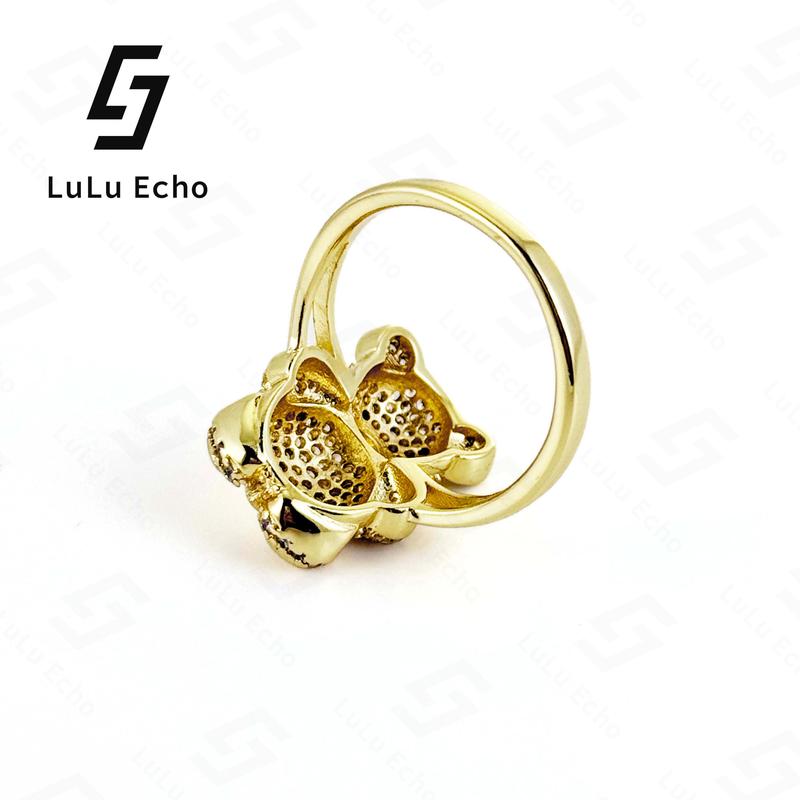 LuLuEcho XP Laminated 14KGold Plated Cluster Iced Out Rings Adorable Bear Design with Sparkling Details Versatile for Any Occasion Elegant Gift