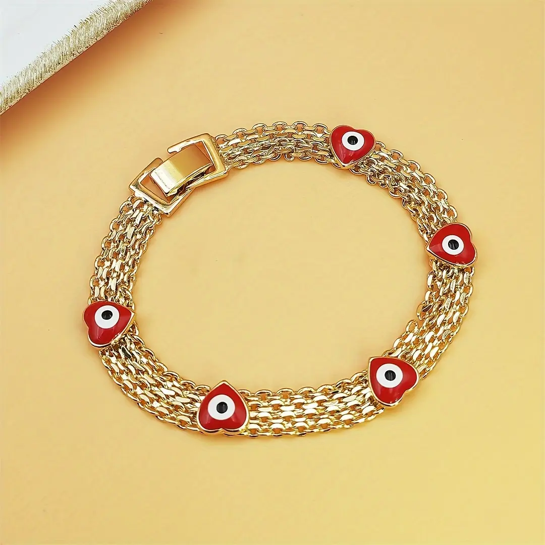 Trendy Stackable Beaded Bracelet for Women, Boho Evil Eye Symbol on Luxe Wide Golden-Tone Copper Chain with Red Charms, Adjustable Beaded Design, Stackable Bracelets, Trendy Jewellery Accessories, Trendy Stack Bangle