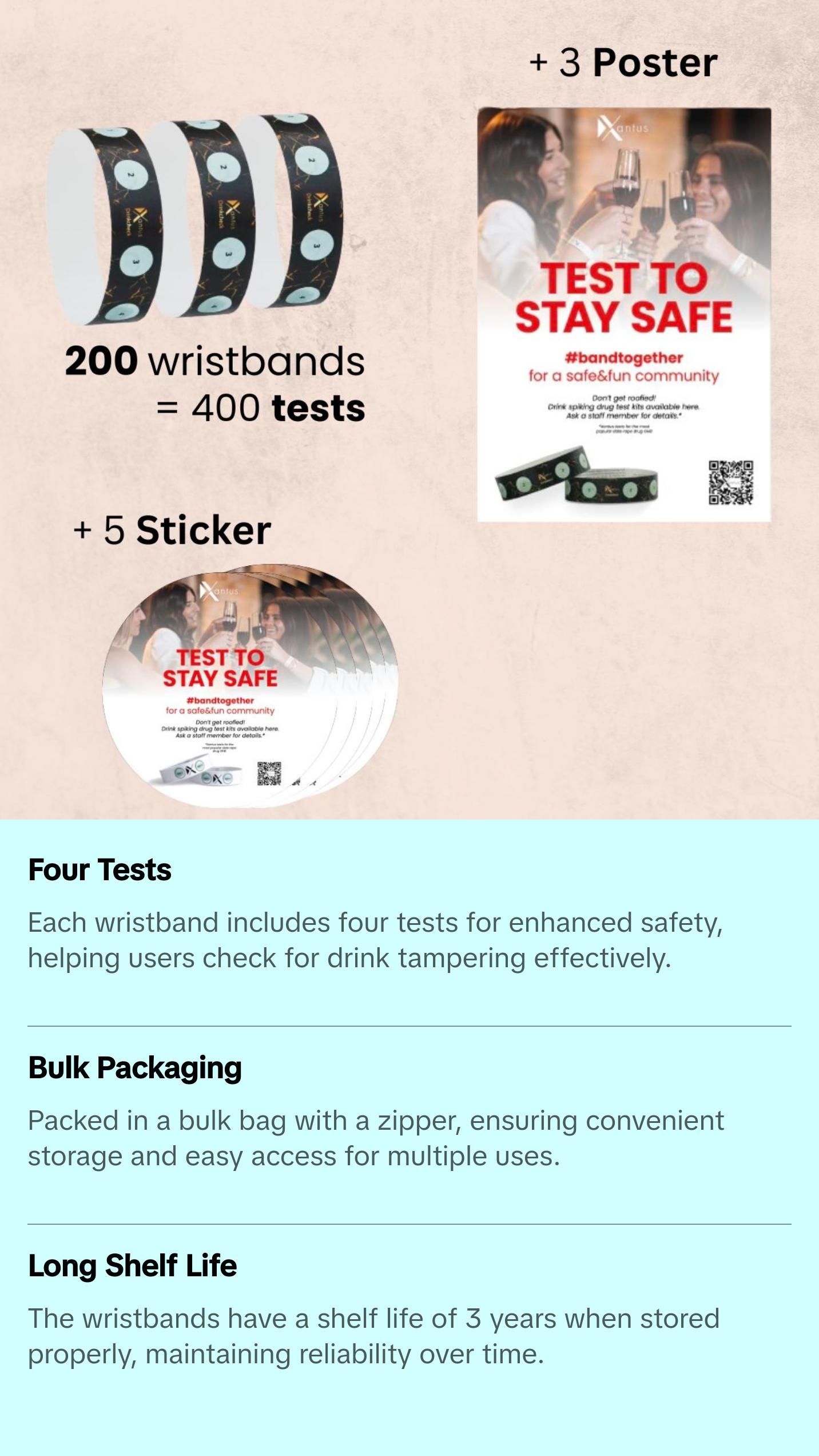 Drinkcheck™ Wristbands Bulk - 4 Tests | Black & Gold