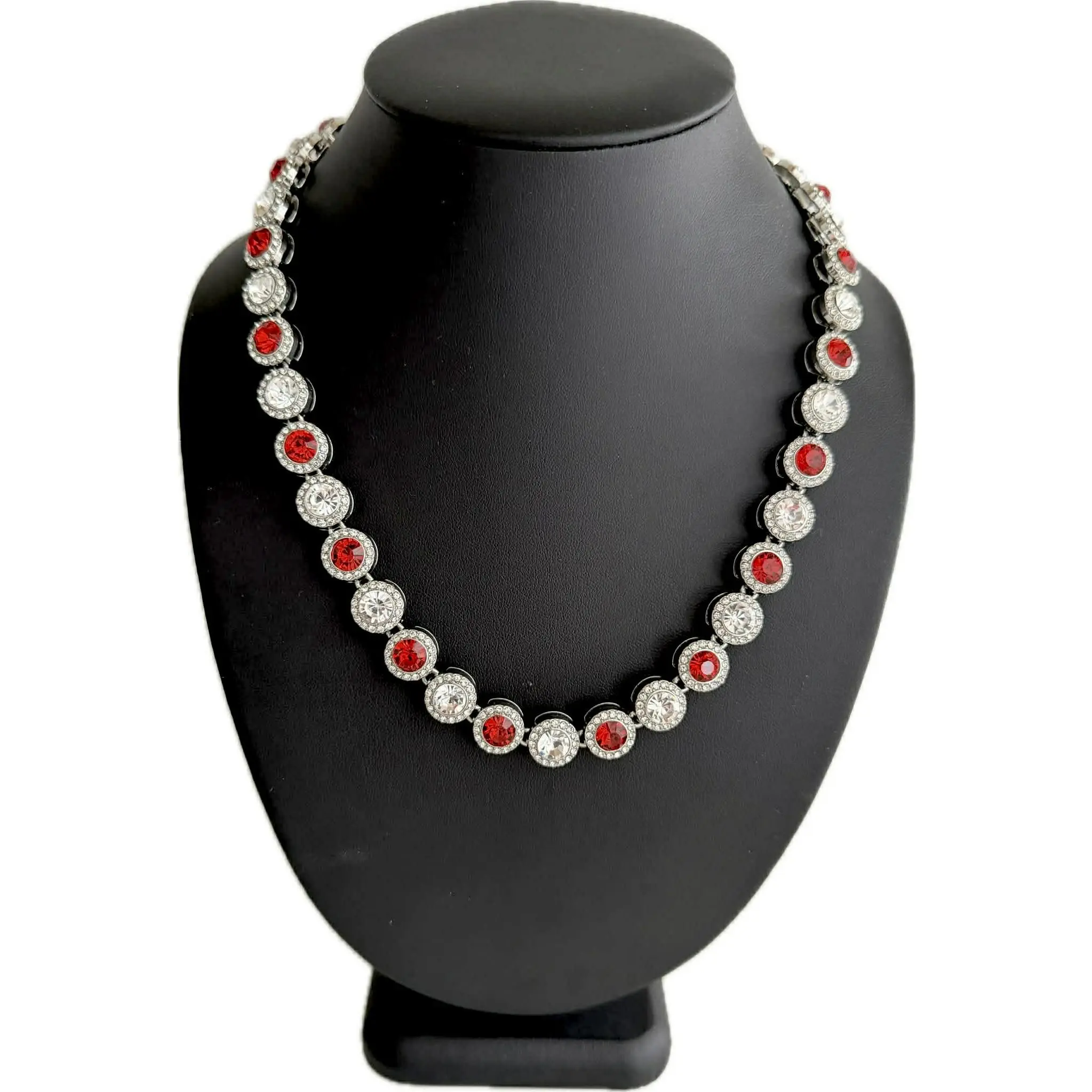 Team Colors Collection Iced CZ Silver Cluster Baseball Player Chain Necklace Red White