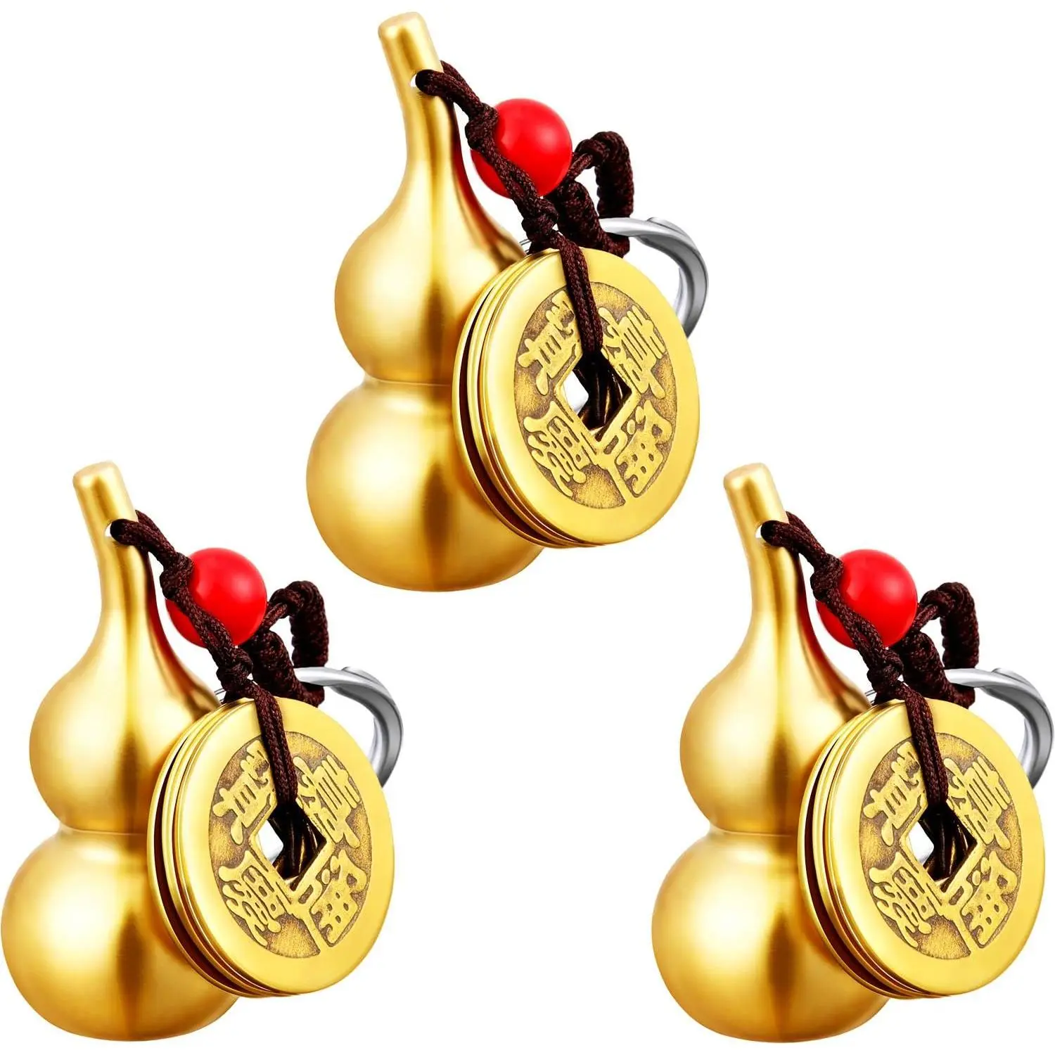 3 count Chinese Gourd Feng Shui Brass Wu Lou Keychains with five  Calabash Pendant Key Rings for Good Luck Fortune Longevity Wealth Success to Friends Families Lovers