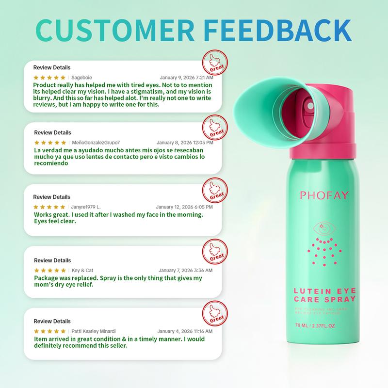 PHOFAY Optometrist-Recommended Lutein Dry Eye Spray, 2.37 fl oz, effectively relieves dry eyes, moisturizes, cleanses, refreshes, and soothes the eyes. Perfect for long-time work, frequent phone use, gamers, and students. Christmas gift