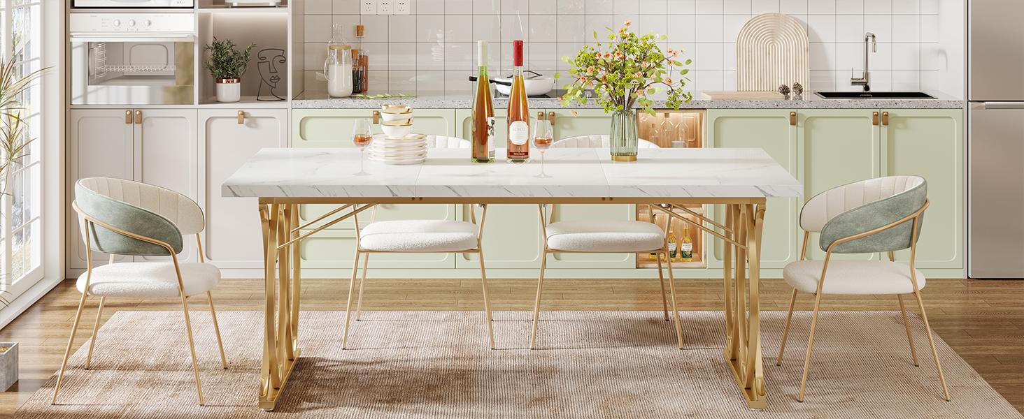 LITTLE TREE 63" Large Rectangular Dining Table - Faux Marble Top, Gold Geometric Legs, Modern Design for 4-6 People LITTLE TREE 63" Large Rectangular Dining Table - Faux Marble Top, Gold Geometric Legs, Modern Design for 4-6 People