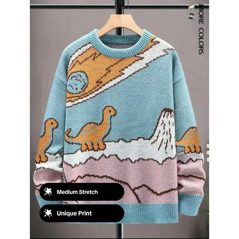 2026 Men's Cartoon Dinosaur Print Drop Shoulder Sweater Casual Regular Fit Long Sleeve Round Neck Jumper for Fall Winter Fashion Knitwear for, Top, Cozy Sweater, Men's Apparel, SmartCasual, AthleisureFit, Breathable