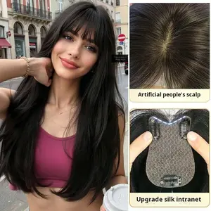 French Air Bangs / Curtain Bangs clip-in hair topper for women  adds volume on top covers gray can part freely natural hairline real bangs Lightweight Breathable Human Hair Topper 250% Density 10-Inch Straight Hair Extension 8*11 Silk Base