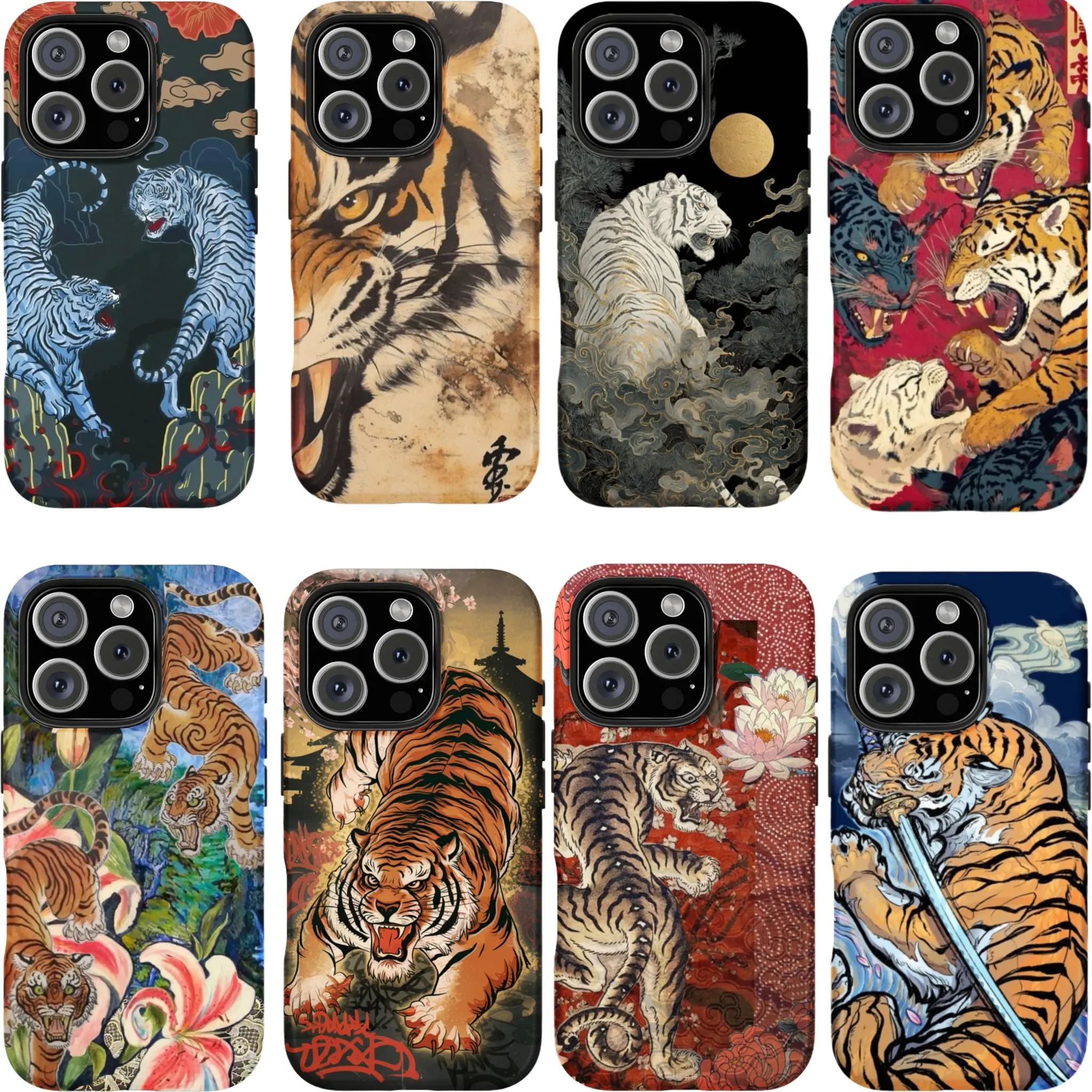 Durable Slim Vintage Chinese Tiger Cellphone Case - Shockproof Casing Shell for iPhone 17/16/15/14/13/12/11 Pro Max & Samsung S26/S25/S24 Ultra Devices, Cute Tiger Collage, Japanese Traditional Art Print, Vibrant Protection Mobile Accessory
