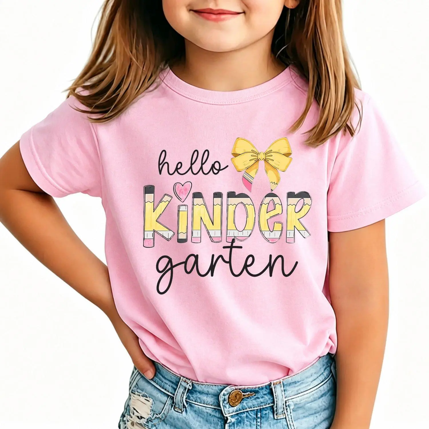 Girls' Classic Cotton Short-Sleeve Crew Neck Top - Cute Bow Accent, Kindergarten Pencil Graphic Print, Soft Breathable Summer Casual Tee, Back to School Kids Clothing Girls Outfit