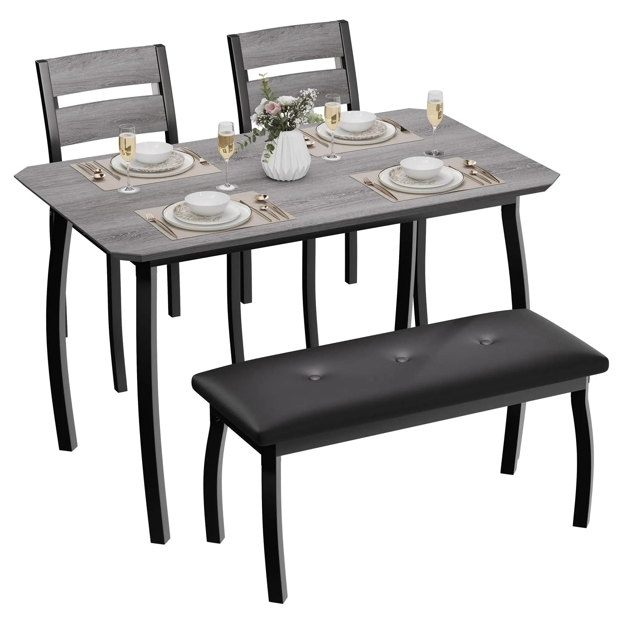 Garvee Modern 4-Piece Dining Table Set - Easy Assembly Multi-Piece Furniture Set, Rectangular Metal-Wood Table, 2 Chairs, Padded Benches for Small Spaces, Apartments (Gray, Rustic Brown), Modern Dining Set
