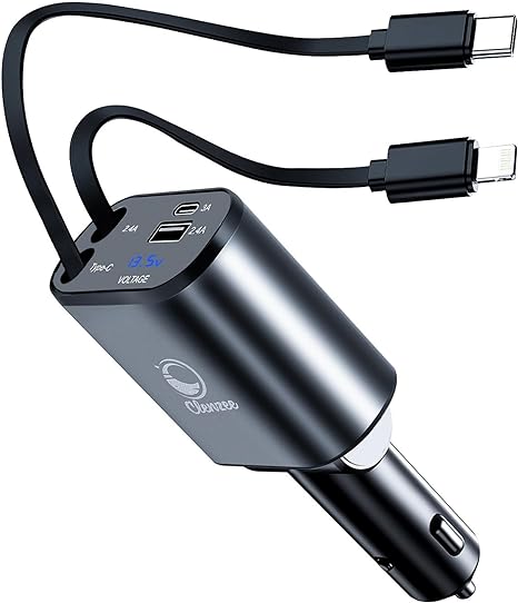 4-in-1 Retractable Fast Car Charger with Voltage Monitor Dual USB Ports for iPhone & Type-C PD QC3.0 AFC MTK FCP Compatible with 12V-24V Cars