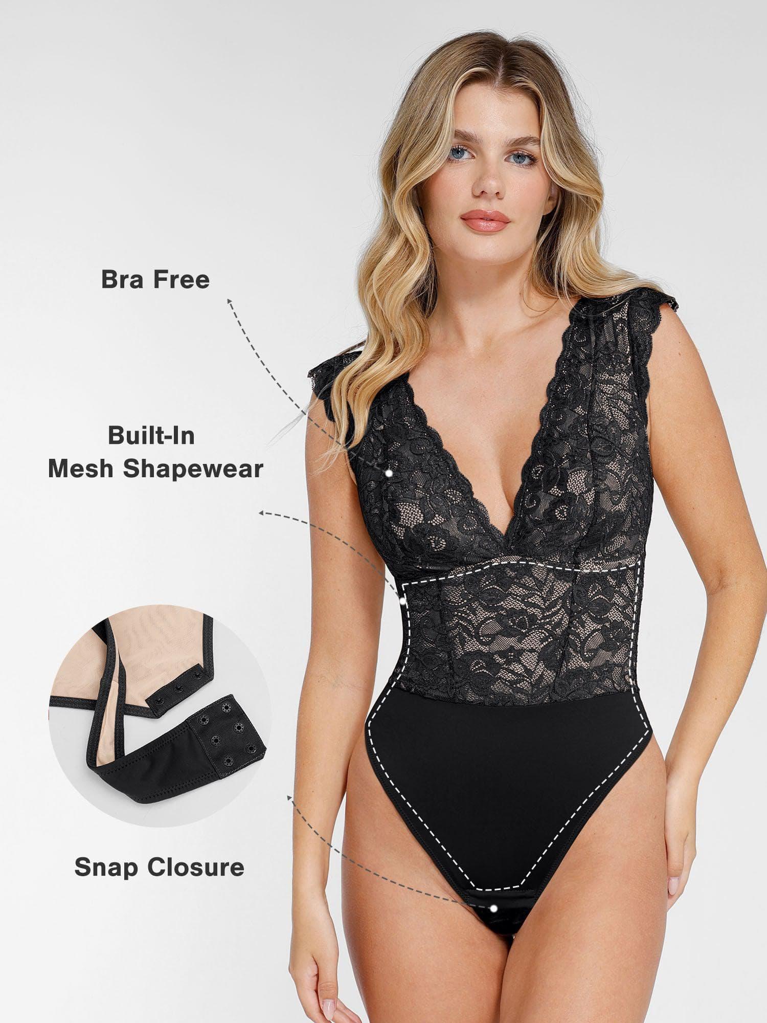 Popilush Lace Built-in Shapewear Deep V-Neck Bodysuit Detachable Skirt Tummy Control Adjustable Womenswear Vneck