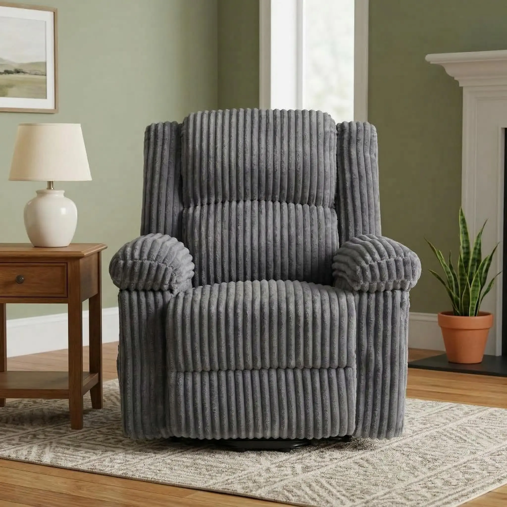 Garvee Dark Gray Corduroy Adjustable Reclining Chair - Manual Handle Operation, Pillow Top Arms, Thick Padding, Side Pocket, 330Lbs Capacity, Supportive Sitting, Remote, for Living Room, Bedroom, Reading