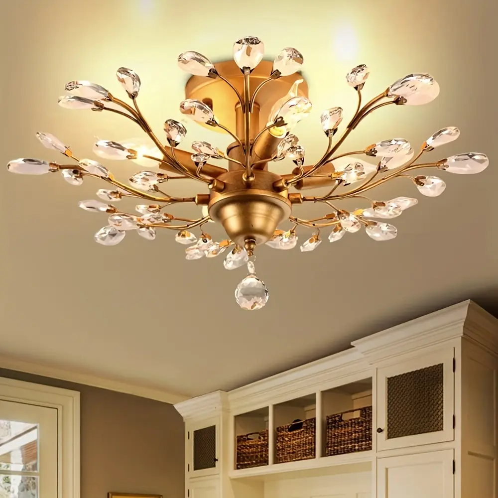4-Light Gold Vintage Crystal Chandelier, Dimmable Flush Mount Fixture for Living Room, Bedroom, Restaurant, Porch