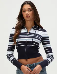 RSQ Womens Stripe Zip-Up Hooded Sweater