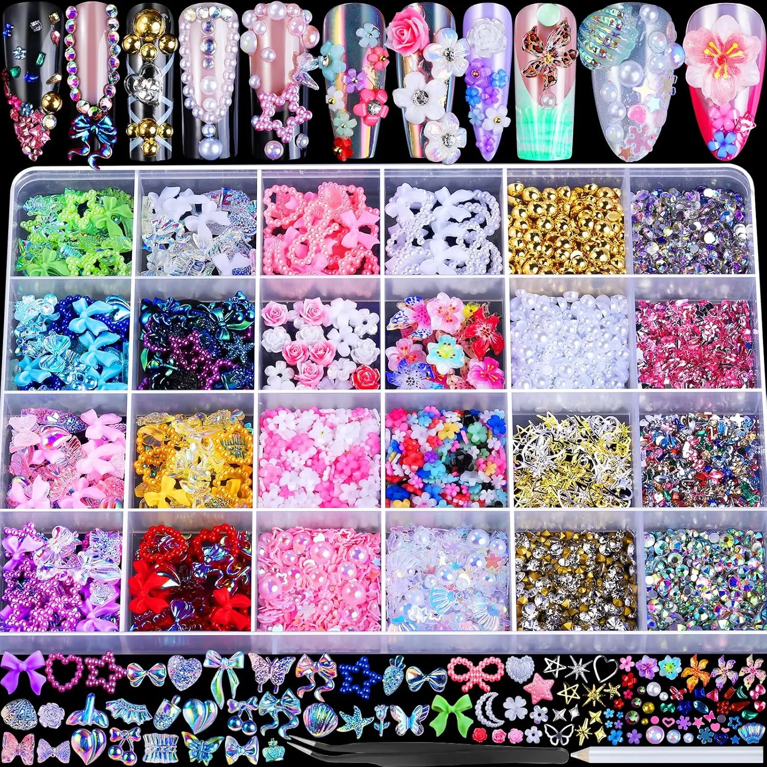 24 kinds Y2K 3D Nail Charms Set, Rhinestones, Butterflies, Bows, Hearts and Flowers for DIY Nail Art Decoration