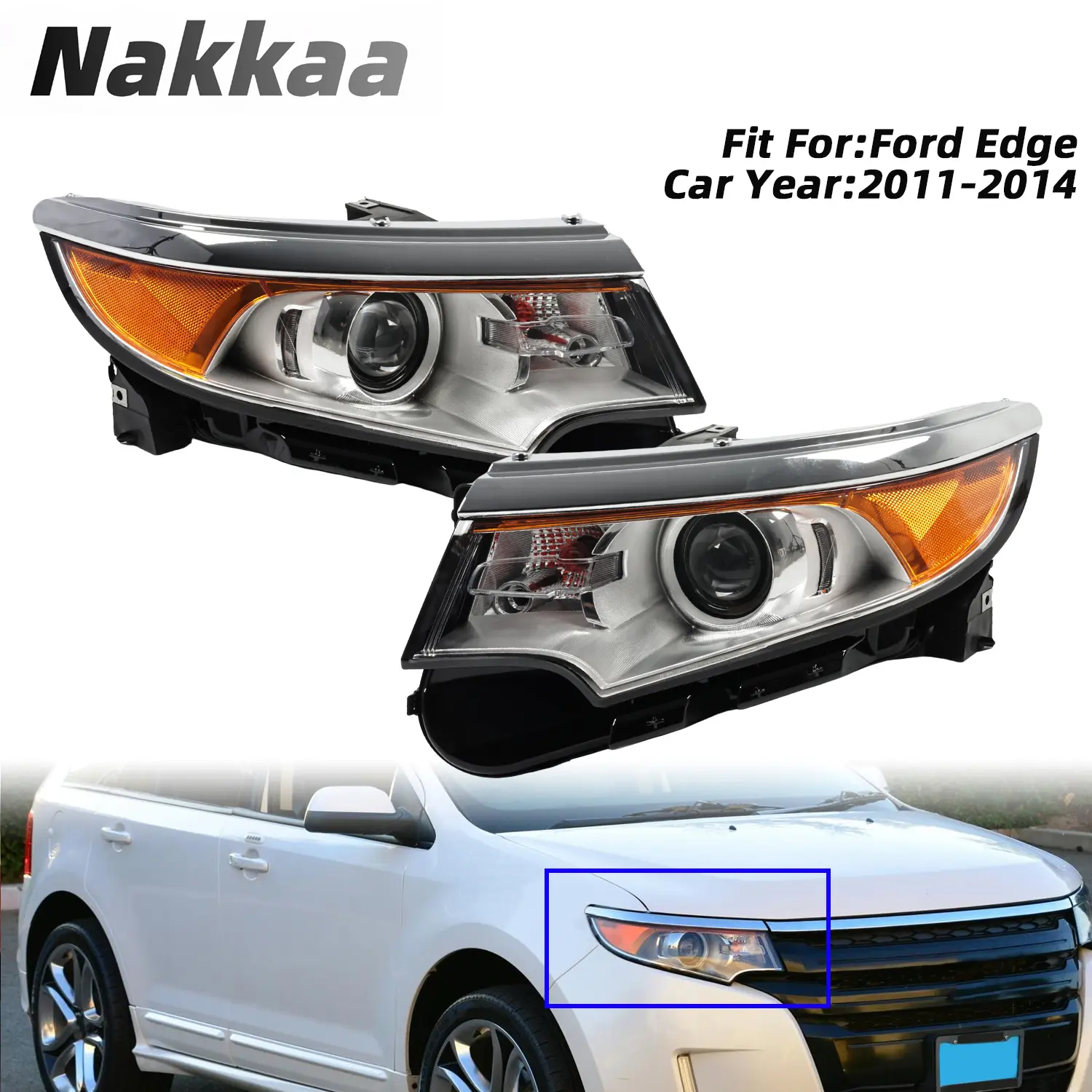 Nakkaa Halogen Headlight Assembly Set - Vehicle-Specific Fit for 2011-2014 Ford Edge, Black + White, Left+Right, with Bulbs, Yellow Car Lighting Visibility Enhancer, Lights