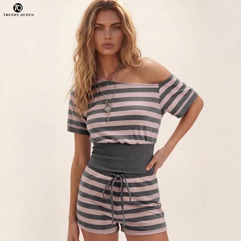 Trendy Queen Women's Striped 2 Piece Set Off The Shoulder Sexy Summer Outfits Short Sleeve Lounge Shorts Set Womenswear