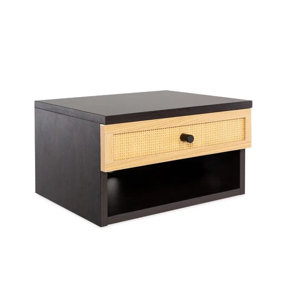 Celerie 15.71" Mid-Century Modern Floating Wall Mounted Nightstand with Soft-Close Rattan Drawer and Cable Hole