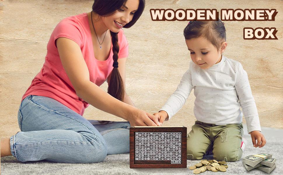 $10,000 Savings Challenge Box, Wooden Cash Vault for Kids & Adults, Money Saving Box with Lid, Birthday Piggy Bank Gift Home Decor