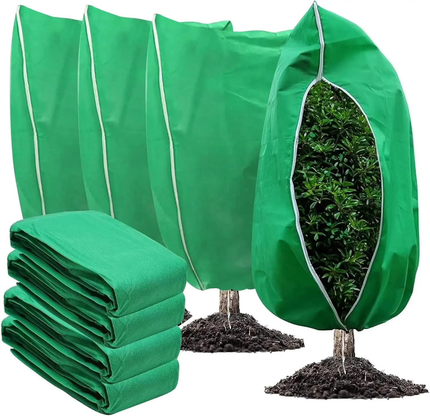 4 Pack Winter Plant Covers Freeze Protection, 47 "x 31" Thickened Frost Blankets for Outdoor Plants, Fruit Trees, Shrubs & Potted Plants | Reusable Cloth Plant Covers Jacket with Drawstring-Green
