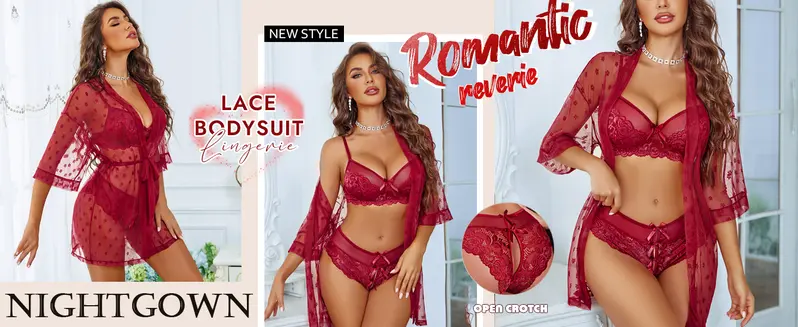 Avidlove Women Lingerie Set 3 Piece Lace Kimono Robe with Bra and Panty Nightgown Sleepwear