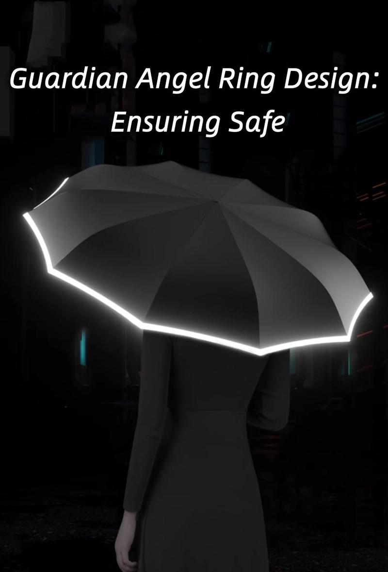Night Light Reflection Umbrella Aluminium Case Tri-fold Reverse Design 10 Bones 280T Impact Cloth Hydrophobic Coating 470g Weight Safe for Rainy Nights - Cover