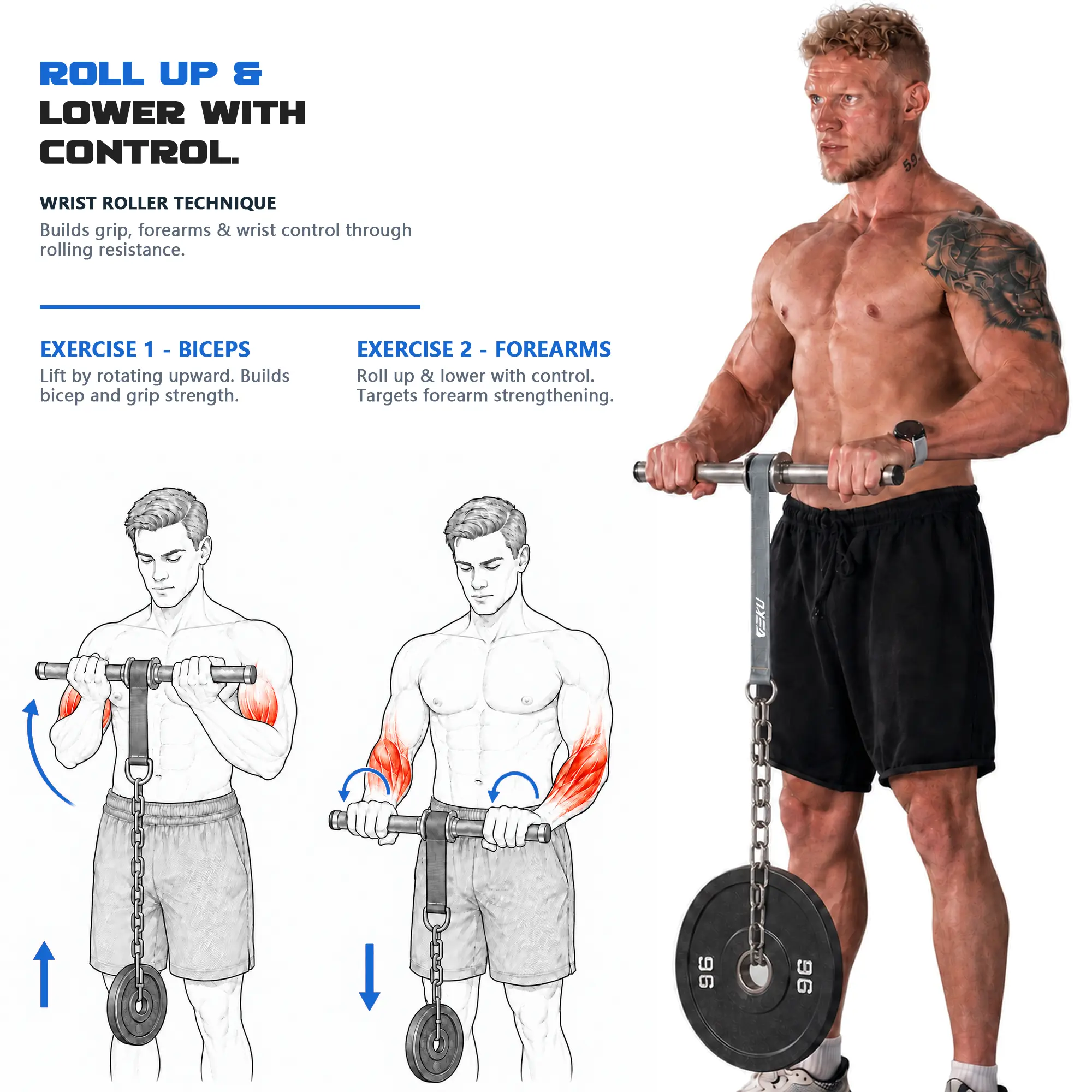 GEKU FIT Unisex Forearm Strengthener & Wrist Roller - Heavy-Duty Nylon Webbing, Anti-Slip Grip Handle, Adjustable Arm Blaster for Home Gym Strength Training