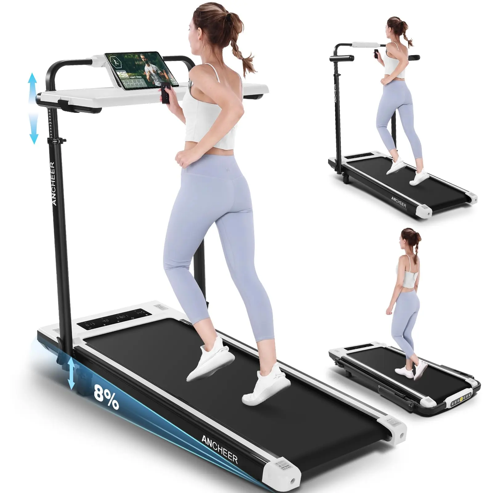 Ancheer Incline Walking Treadmill, Compact Fold Home Gym Equipment with Detachable Desk Workstation, Height Adjust, 8% Incline, 7-Layer Shock-Absorbing Belt, 300lbs Load Capacity for Cardio at Home, Adjustable, Treadmills, Treadmills For Home, At Home Gym