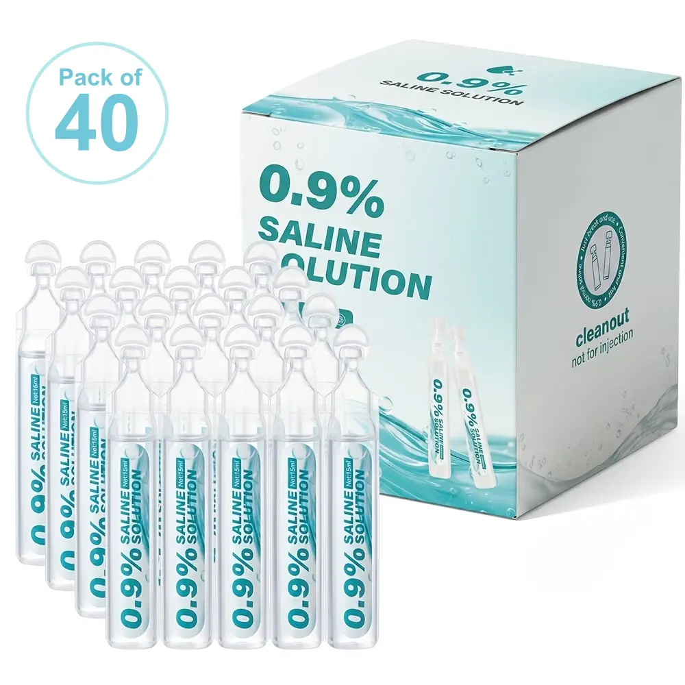 0.9% Saline Solution Vials, 40 Pack of 15ml Single-Use Sterile Doses for Gentle Daily Moisturizing, Wound Care & Plain Nasal Cleaning, Oral, Respiratory Support Nasal Cleaning, Sinus Relief Nasal Cleaning