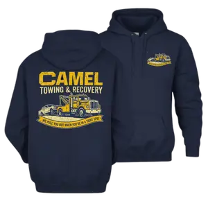 Funny Camel Towing Hoodie, Vintage Workwear Parody Hoodie, Rude Blue Collar Humor, Inappropriate Dad Joke Gift, Retro Graphic Hoodie Trucker