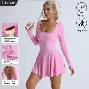 HIJESSE Women's Long Sleeve Square Neck Tennis Dress with Padded Bra & Built-in Shorts, Athletic Skort Dress for Golf Workout