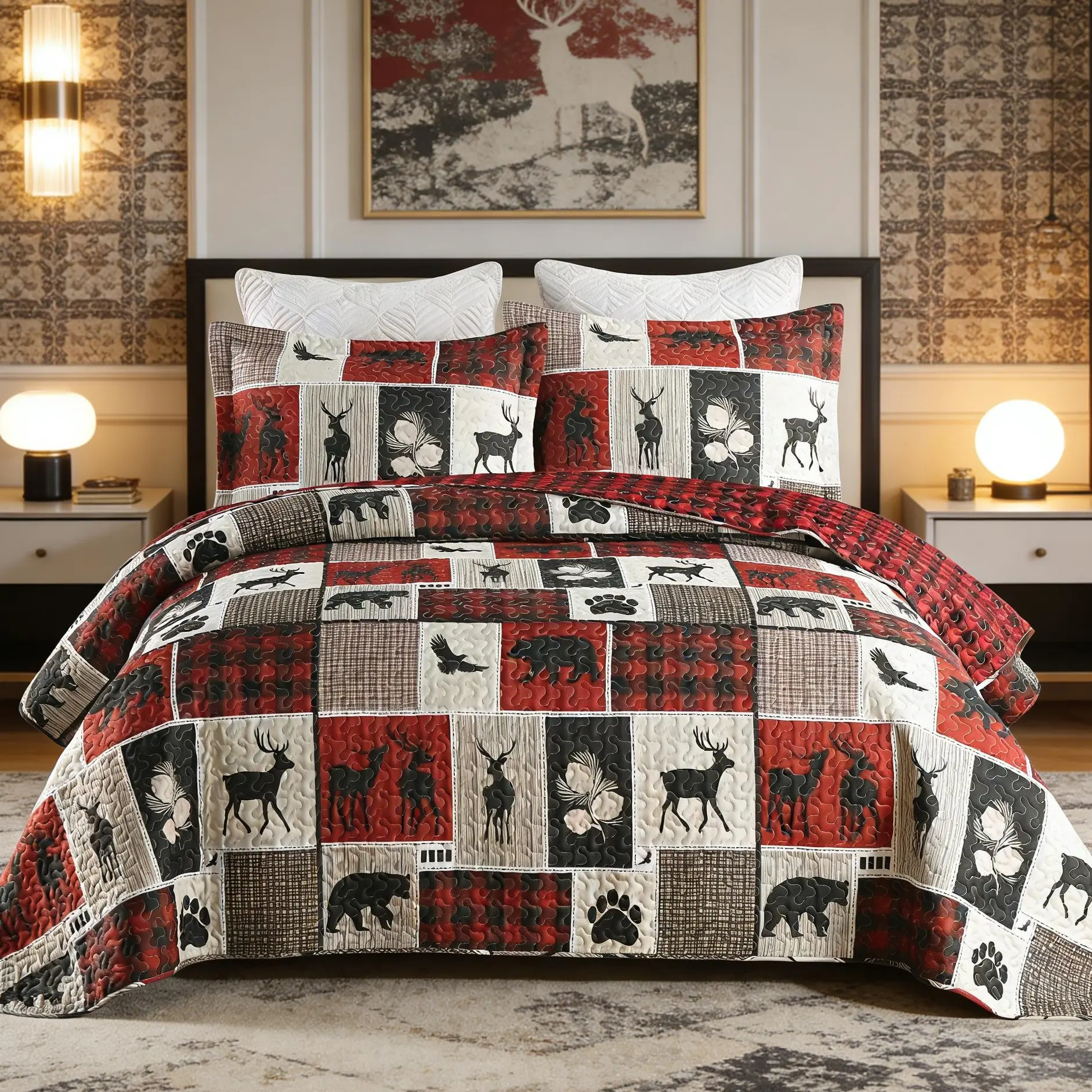 3 Pcs Rustic Cabin Wildlife Quilted Bedspread Set, Red Buffalo Plaid Bear Deer Patchwork Bedding with Pillow Shams, Lodge Style All Season Quilt Bedding Sets Bedroom Bedding Set