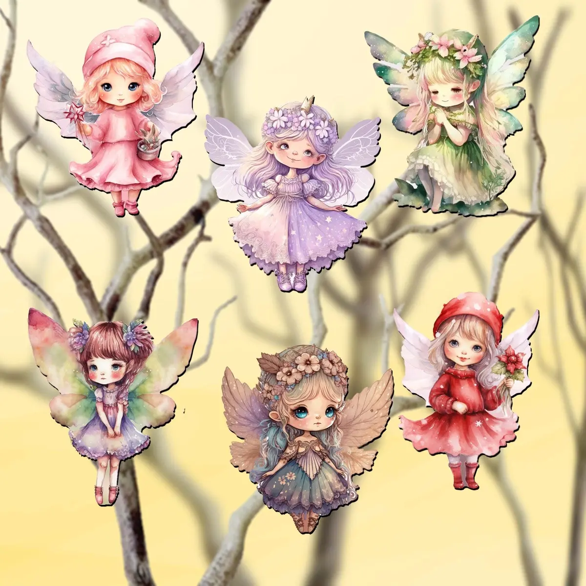 Designocracy 8090006C-S6 Whimsical UV-Coated Wood Clip-On Ornaments, Fairy Tale Colorful Fairies Themed 6-Piece Set, 2x2x0.25in Holiday Decor, Collectibles for Home Display & Gifting