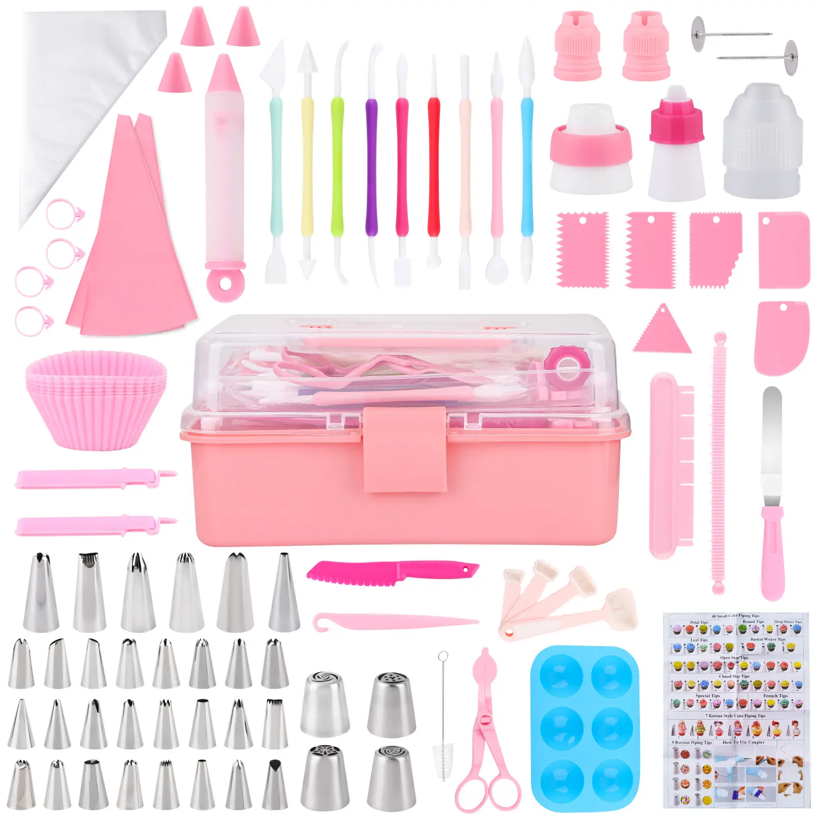 138-Piece Pink Plastic & Stainless Steel Baking Cake Decorating Kit with Organized Pink Storage Box - Smooth Items, Flower Tools for Beginner Bakers, Birthday Gifts: 50 Piping Bags, 48 Icing Tips, Scrapers, Spatulas, Couplers, Carving Tools, Floral, Sciss