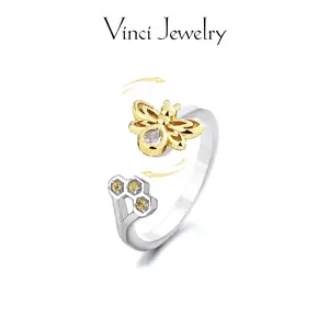 Sterling Silver Adjustable Open Ring with Bee and Honeycomb Design, Rotatable Anxiety Relied Ring, Nature and Eco-Friendly Style Jewelry for Girls&Women, Good Luck for Friends as Gifts, Perfect for Suit and Daily Wear