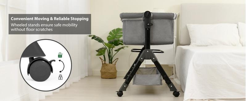 Baby Bassinet Sleeper, 6 Height Adjustable Cribs, Easy to Fold Portable Crib Side Bassinet, Swing Cradle Bed Side Sleeper with Ventilated Net&Wheels Folding Cot Layer Floorbed