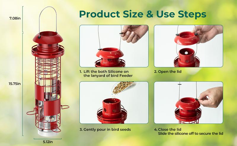 Squirrel Proof Bird Feeder for Outdoor Hanging, Metal Mesh Bird Seed Feeders with Weight-Activated Perches, 3LBs Large Capacity Wild Birdfeeder for Outside, Suitable for Small Medium Birds, Red