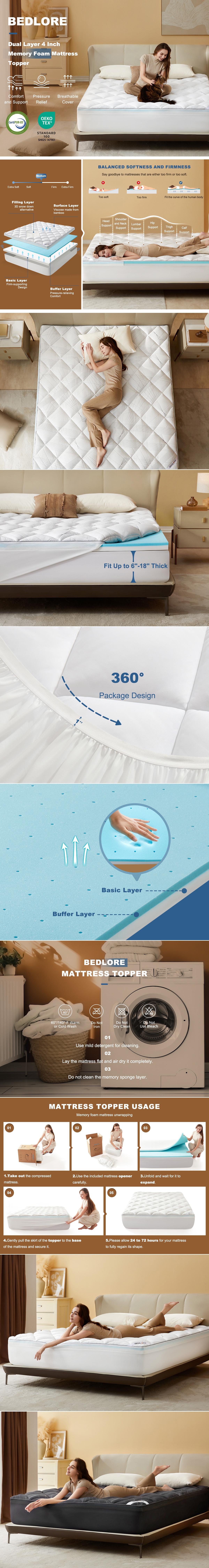 [Live]【BEDLORE】Memory Foam Mattress Topper with Fitted Sheet, Dual Layer Medium Support (2" Gel Memory Foam + 2" Pillow Top), Breathable & Comfortable, Deep Pocket Design for Bedroom Use