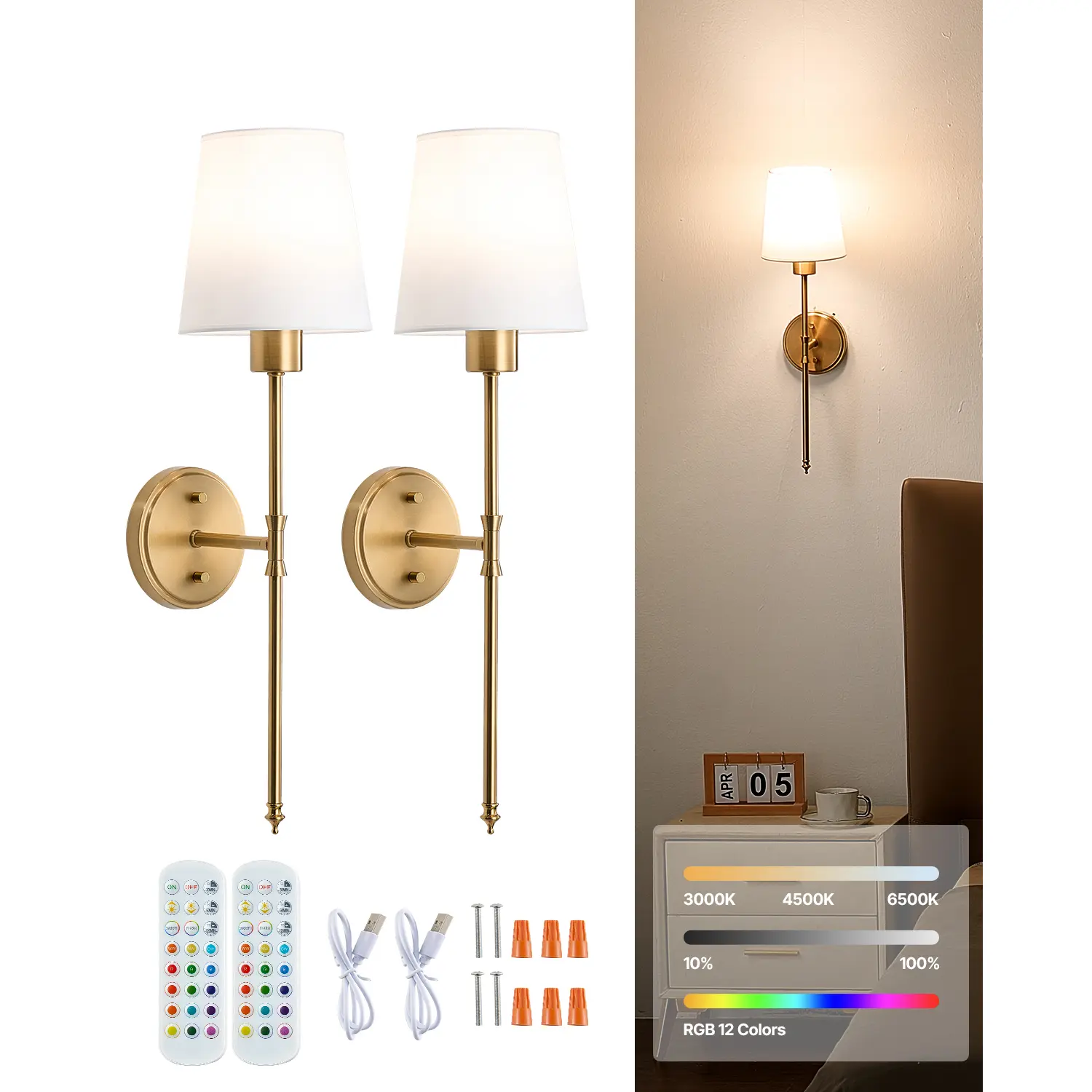 【Summerfinds】VEVOR Battery Operated Wall Sconce Set of 2 4000mAh Rechargeable Wireless Wall Lights with Remote Control 30 Lighting Modes 12 RGB Colors & Timer Dimmable Wall Lamp for Living Room Bedroom Hallway