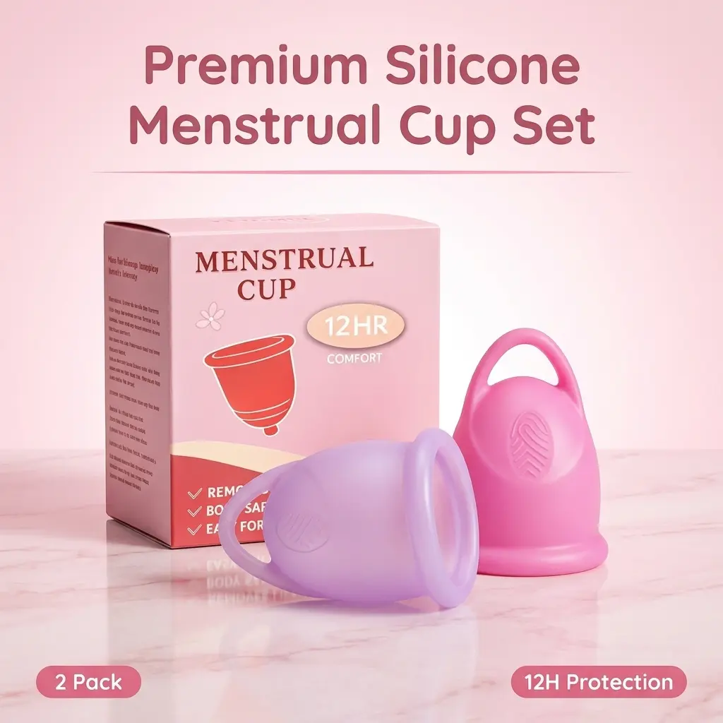 Feminine Care Unscented 2-Pack Reusable Silicone Menstrual Cup Set - Period Cup, Easy-Grip Ring Handle, Anti-Slip Texture, 12-Hour Leak-Proof, Hypoallergenic for Beginners